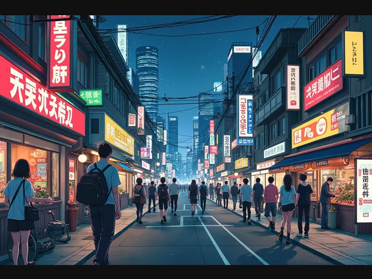 A lively and realistic city nightscape with a Japanese anime aesthetic, retro,Close-up,Cinematic framing 