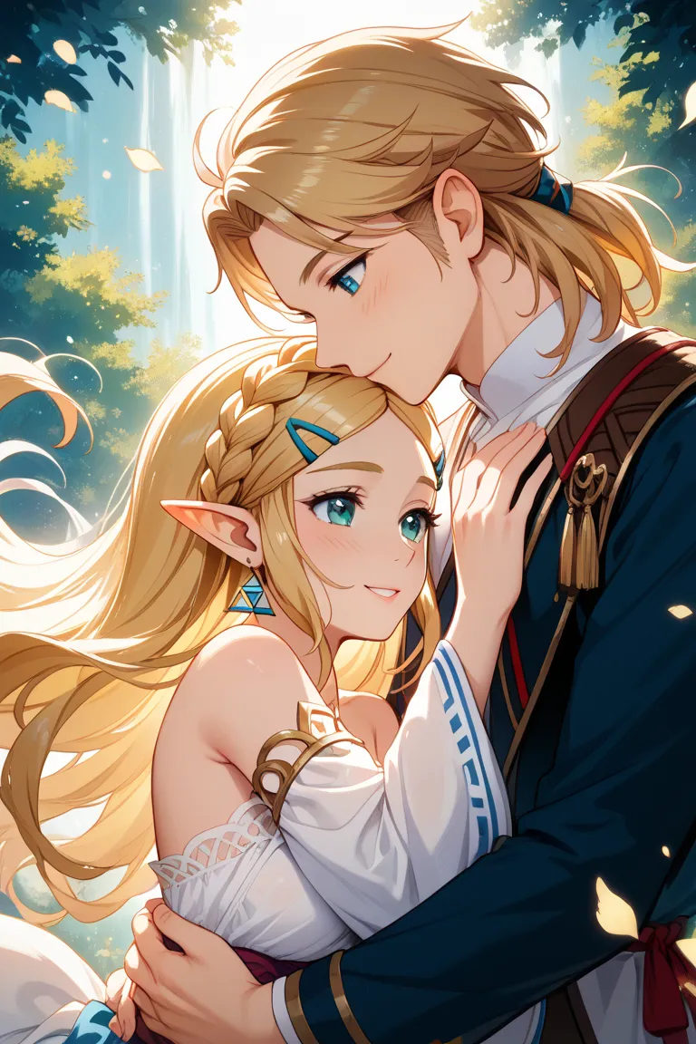 Princess Zelda、Breastfeed with boobs、gently hug a boy、blush、Smiles Gently、Touching the nipples、 Japanese anime style