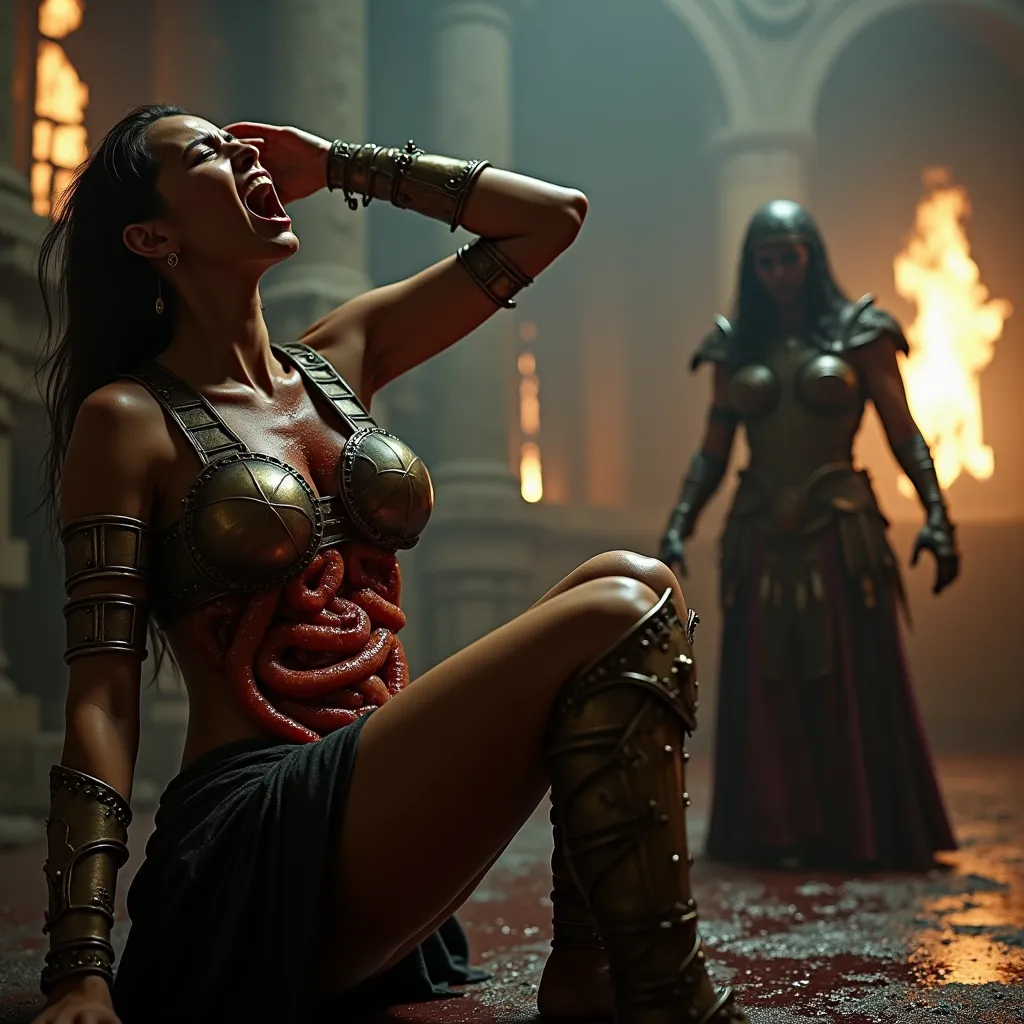 A cinematic artstyle image movie shot of a attractive gladiator woman in gladiator armour is disemboweled she is in pain, her intestines are hanging out of her belly,painful expression, in background a witch can be seen