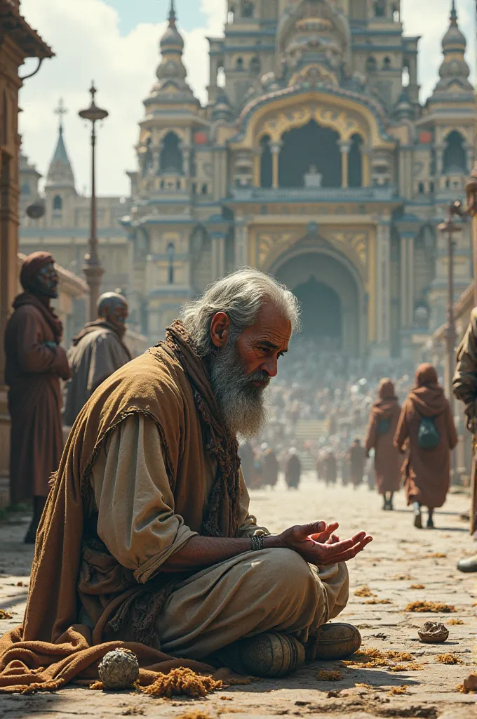 A beggar sitting in front of the temple