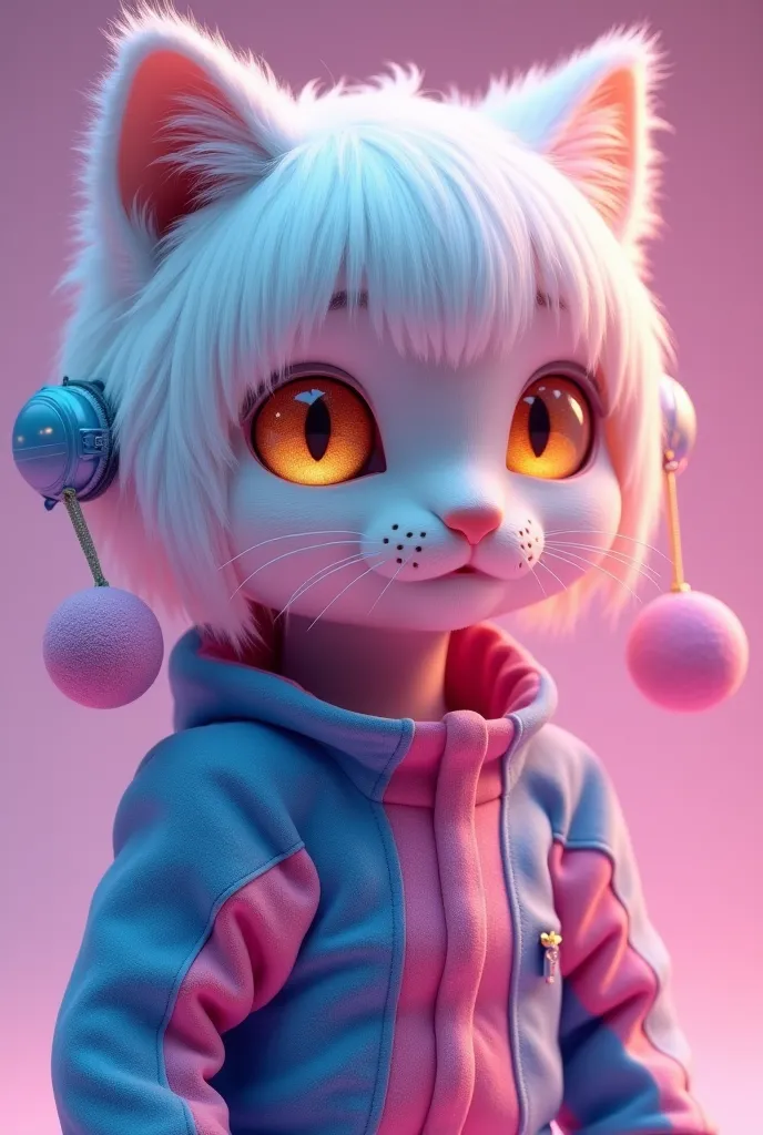 (Q version three-head design) nebula gradient color fluffy short hair，amber cat eye tearful light，pink and blue contrast spacesuit，suspended pet ball symmetrically distributed on the ear，blush particle effect，solid background gradient，forward head-up lens，...