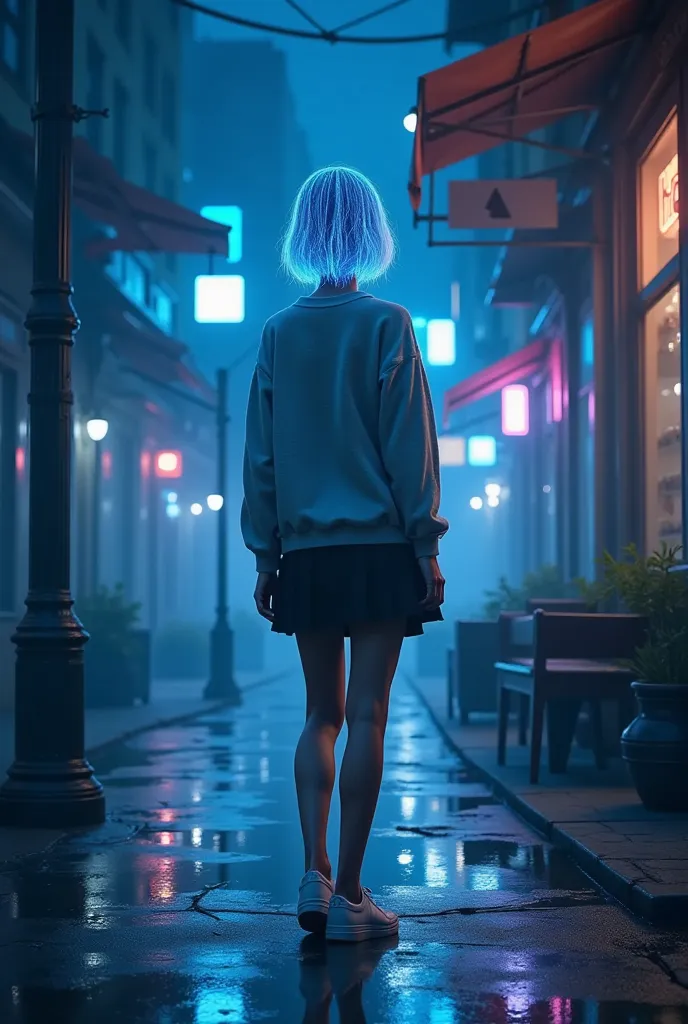 (An unparalleled masterpiece of detailed, fantastical digital art). (A woman with a translucent head and body seen from behind: 2), A fantastical, atmospheric Chicago alley at night, bathed in deep blue light and dotted with neon and street lights. The wet...