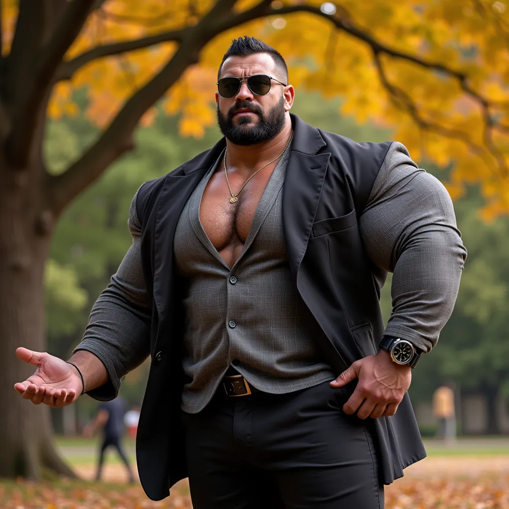 This photograph captures a young man with an exceptionally muscular large physique, hyper realistic man,showcasing extremely huge exaggerated muscles, especially in his arms, legs and chest and a neatly trimmed beard. Hairy chest, The man is dressed in a c...