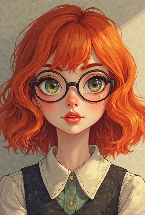 Red-haired girl icon,  shoulder length hair, wavy and fringed like a book, with lenses