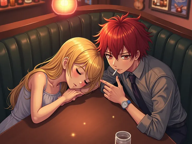  1girl 、1boy 、anime、angle from above、beautiful woman sleeping face down on the pub counter table、blonde long hair、girl focus、sleeping girl、Man sitting in the seat next to her, wearing cheeksticks, and smiling at her、Red shorthair man smoking a cigarette、 c...