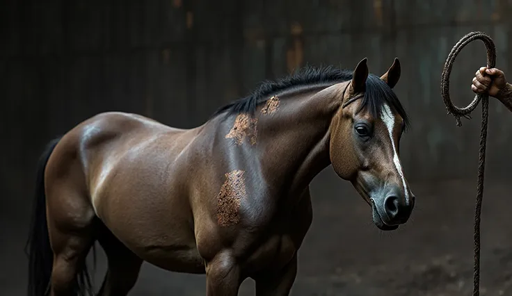 A close-up of a horse with a scarred back, visibly marked by numerous deep wounds, enduring the torment of cruel lashes from a whip. The horse's eyes reflect pain and fear, its posture tense as the whip strikes. The background is dark and moody, highlighti...