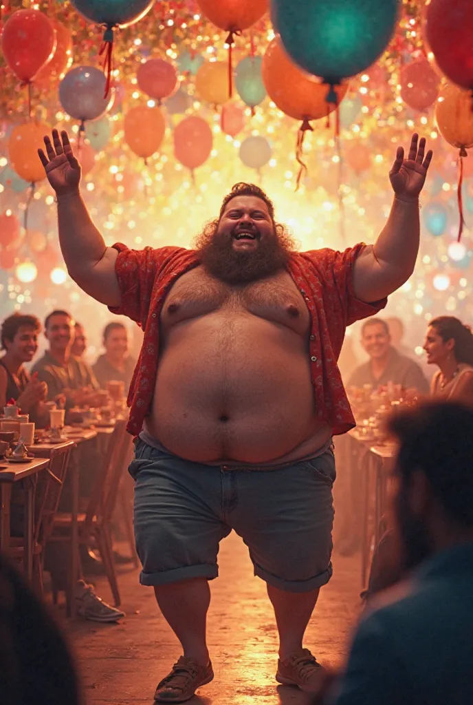 A 500 kg man dances at a party with his friends and others drink tea, lights and balloons everywhere