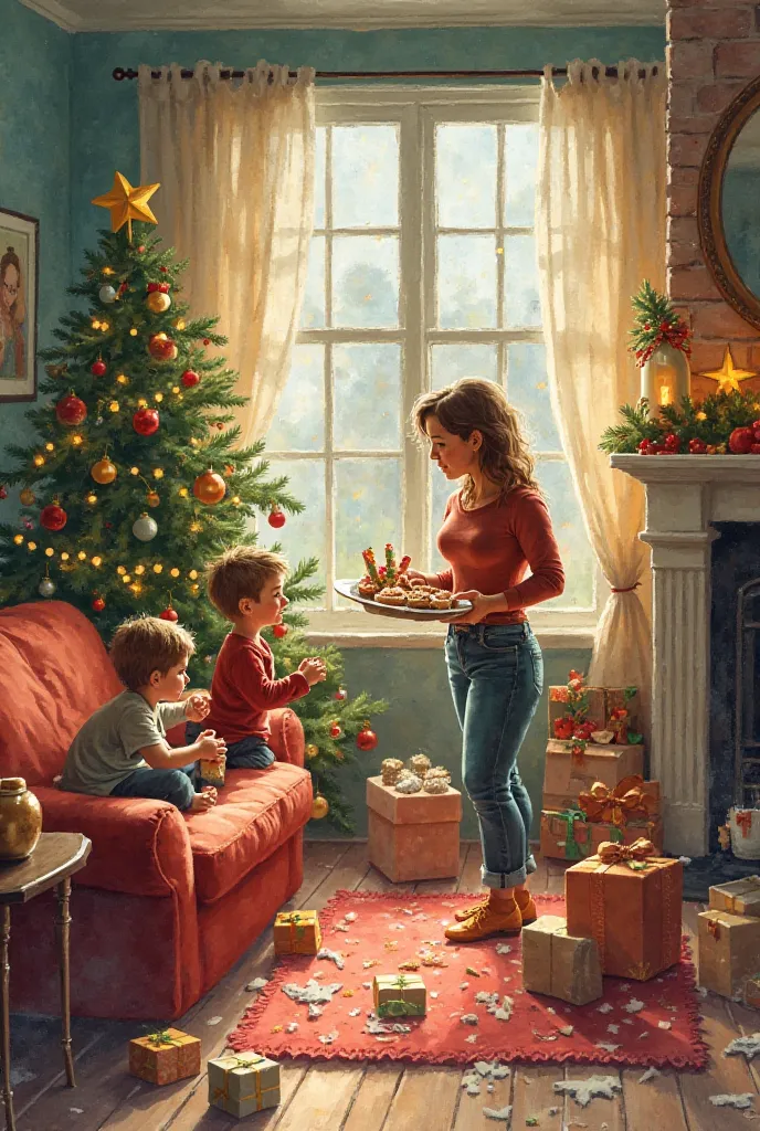 A heartwarming yet humorous holiday scene capturing the essence of a mom striving for the perfect Christmas while her s, overstimulated and already bored, create chaos around her. The setting is a festively decorated living room with twinkling lights, a pe...