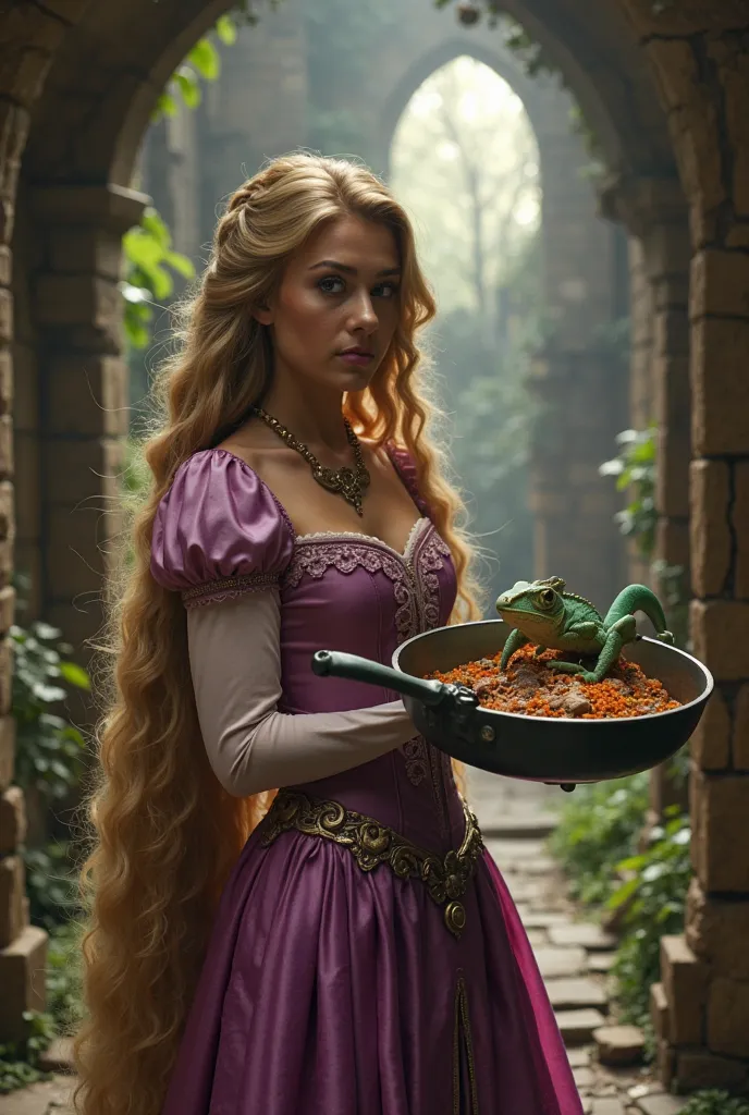 A woman dressed like Rapunzel from the movie Tangled,  holding a frying pan , and your green chameleon, NOT A LIVE-ACTION CHARACTER. She's a real woman!!!! inside a castle tower, as if you were in a dark fantasy movie from the 80s!!!!!!!