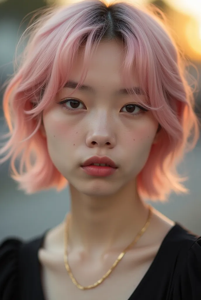 A captivating intimate portrait of a 21-year-old Japanese woman, captured in soft, dreamy light during golden hour. Framed with a shallow depth of field, the subject's face fills approximately 70% of the frame, featuring fair skin with a rosy undertone, sm...