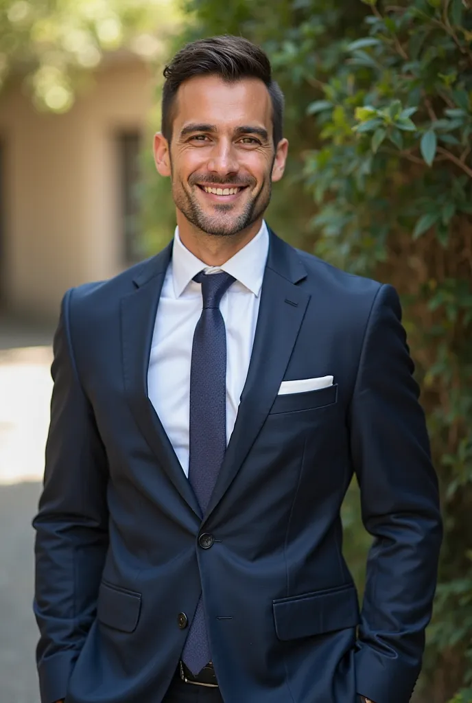 Create profile photo for LinkedIn male in suit taken outdoors male 1.78 height 60 kg 