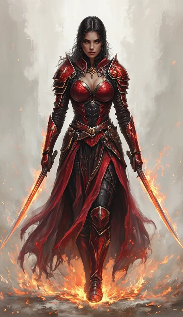 A fearless female soldier clad in red and black armor, adorned with flaming engravings. She wields twin curved blades that radiate heat.
Walk: Confident and aggressive, every step leaves glowing embers behind.