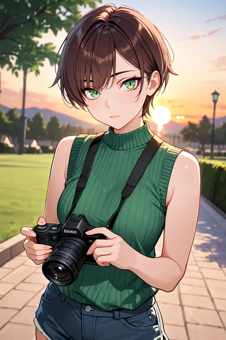 masterpiece, best quality, detailed face, 1 girl, solo, beautiful, modest chest, slender body, mature, light makeup, tomboy, sharp eyes, closed mouth, short hair, brown hair, side bangs, short tidy bang, vibrant green eyes, black sleeveless inner, green sh...