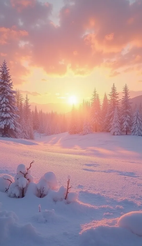 highest quality、snow-covered ranch shines while the morning sun spreads out in the sky, and the、The, gold gradation harmonizes beautifully, pink, and purple.