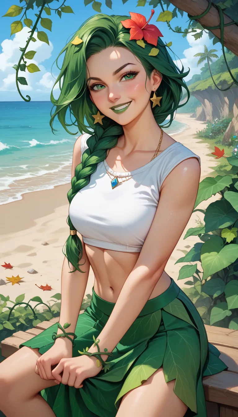 High-quality, High resolution, masterpiece, beach background, woman, smirk, leaf midriff, green hair, flowers on hair, one long braid, big leaf skirt, vines warp on skirt, green eyes, green lips, vines on body, leaves cover chest, vines and leaves on wrist...