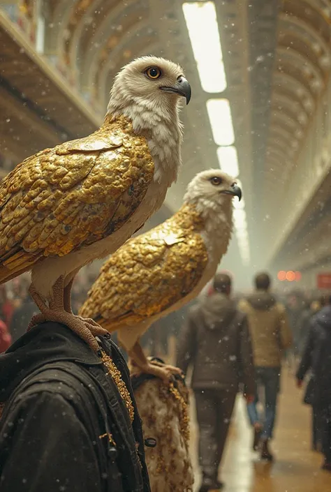 Help me with images of a public transport station where bouses are not embuses, they are birds such as doves and owls, doves and owls. These are the ones that carry people from one place to another, a place where people carry giant ships and it's normal pe...