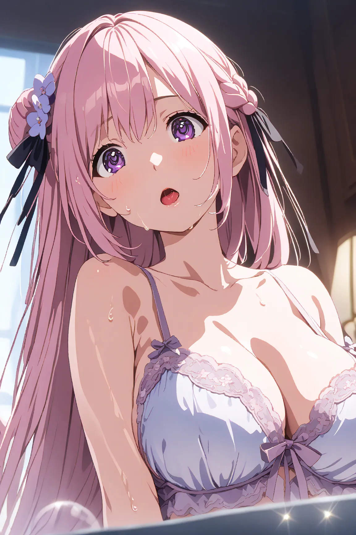 dorothyrnd, pink hair, long hair, hair bun, braid, purple eyes, large breasts ,wet 、 juice 、dynamic、（ viewed from directly below:1.5)、（  Gloomy Eyes:1.3）, saliva 、   open your mouth 、( masterpiece:1.3),    dynamic Poses、 shiny skin,  delicate depiction,The...