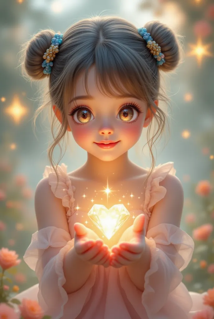 Cute girl in pigtails holding beautiful heart shaped pink diamonds