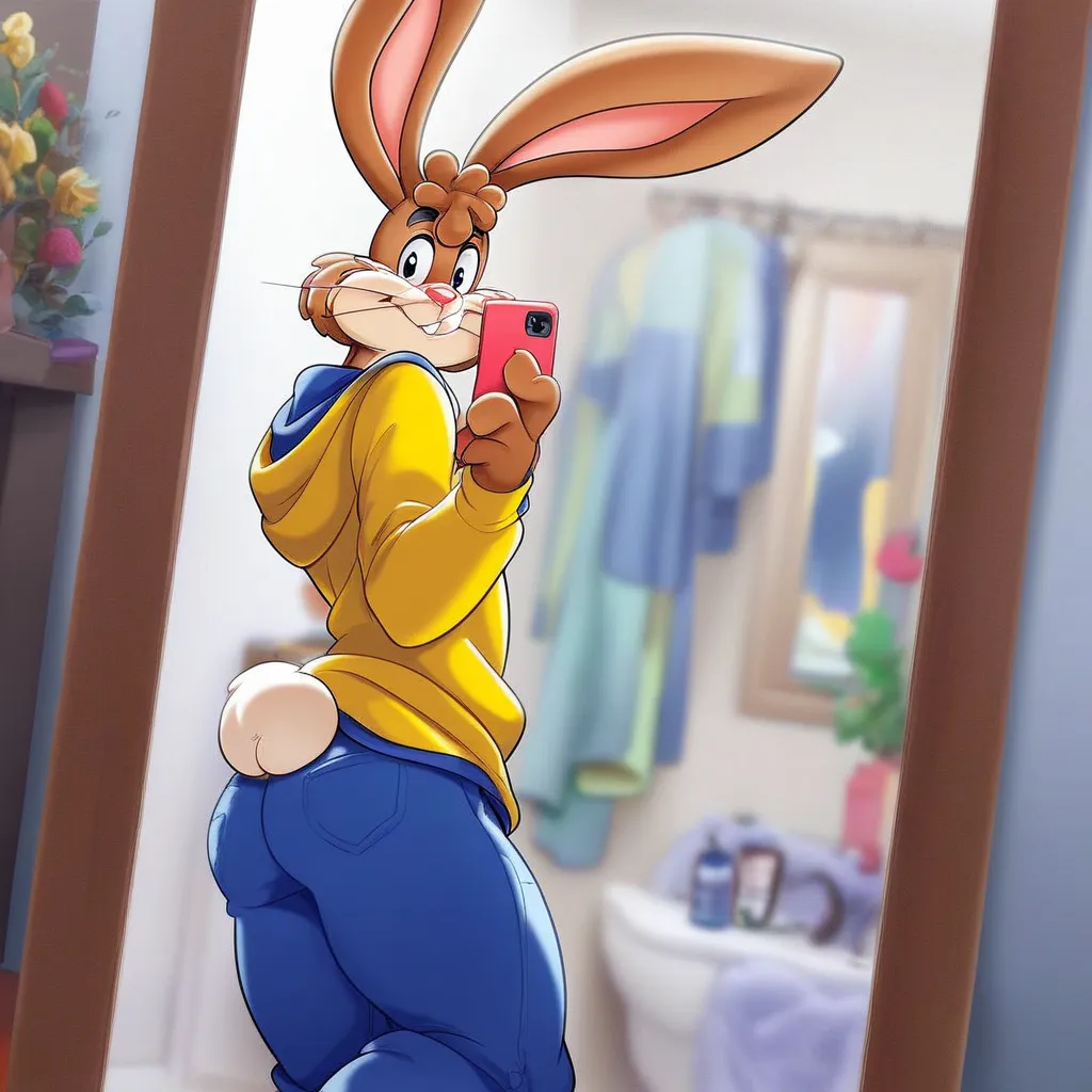 zPDXL3,quicky,4 fingers,brown fur, blue pants, yellow winter sweater, French style, in the bathroom mirror, handsome 25 year old adult, 6 feet tall, cute version of quicky, cute rabbit hair, furry, rabbit, male, femboy, slim,solo,looking_at_viewer, mirror‚...