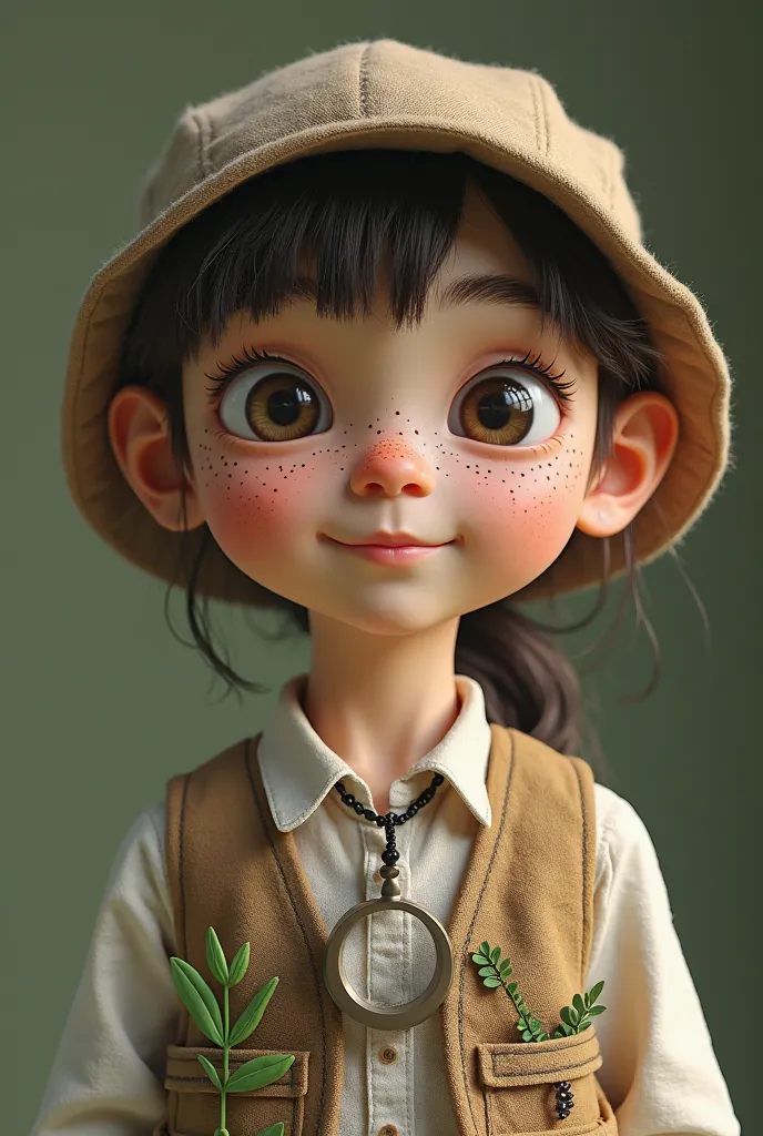 [3-head-body eco-theme] (linen texture + realistic lighting), khaki vest with specimen pockets, floating magnifier pendant, grass-shaped bangs in motion, freckles with ecological particle FX, centered foldable measurer