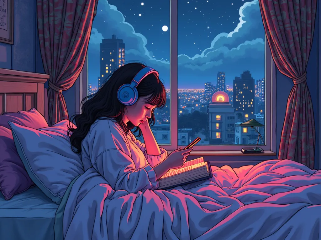  Asian hippie girl reading in bed, Dream,  wearing headphones, night light, neon scenery on a rainy day, similar color theme,  Lo-Fi Hip Hop  , review , flat , 2.5D  , draw a line , ink painting,  Large slope , watercolor, Vibrant Colors, Studio Ghibli sty...