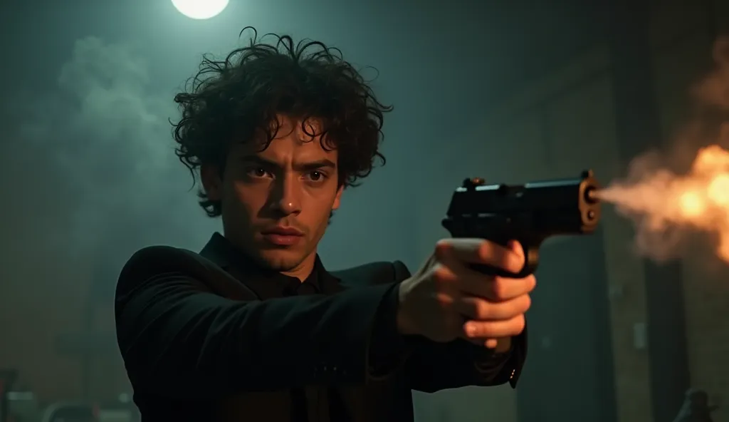 one young men about 18 years old, with olive skin and black curly hair in black suit, shoots with gun another men with brown hair by accident. cinematic, realistic