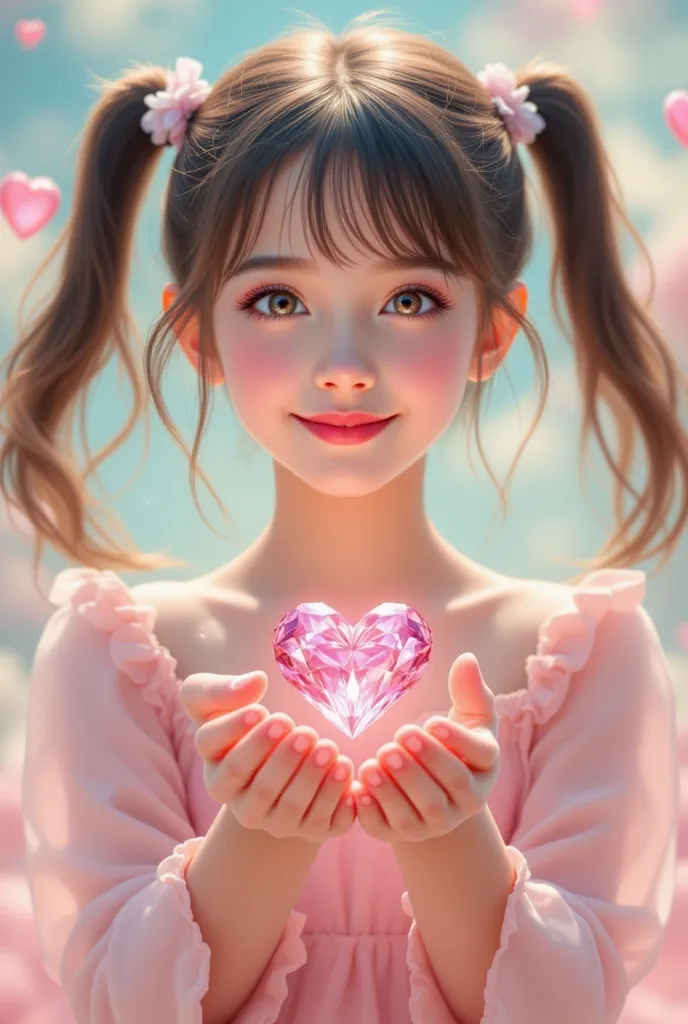 Cute girl in pigtails holding pink diamonds beautiful heart shape