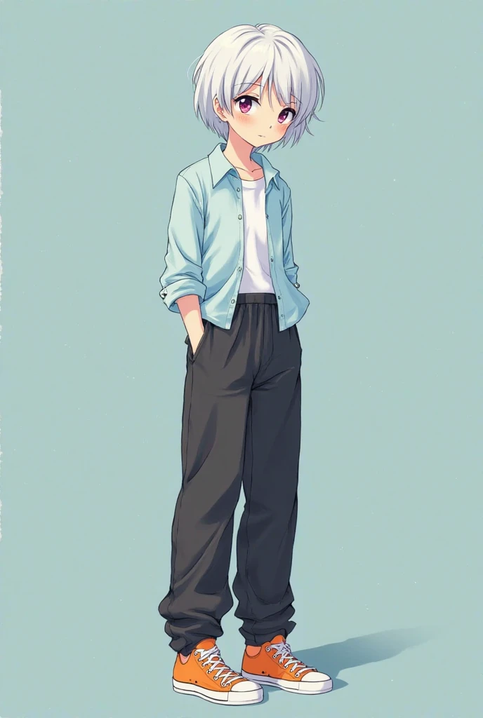 A girl from Sakamoto Days, 21 years old,  Short white hair, eyes with dull jade heterochromia and dull amethyst, he would be, loose black pants orange sneakers a light blue shirt under the light blue shirt a long sleeve white shirt