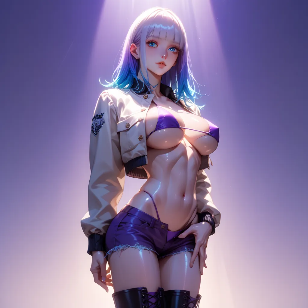 hand on own ass, ((purple white, hair, gradient hair ), top quality、 ( professional lighting without shadows )、 surreal, is fascinating、figure like a slender supermodel、 1 girl, ( big breasts, Belly button exposed), ( flat at honny, beautiful skin)), (明るい ...