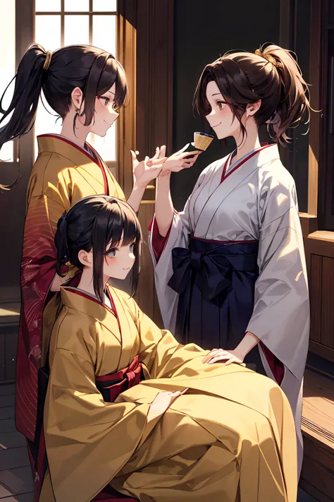  young、Female 1、Female 2、cute（（20 years old、 Gold、outsider、The hairstyle is a ponytail、 kimono、chest is big、 wears a judging hakama、gorgeous））、They sit on the veranda and chat side by side、 photos、masterpiece、Best Quality、high image quality、smile、profile