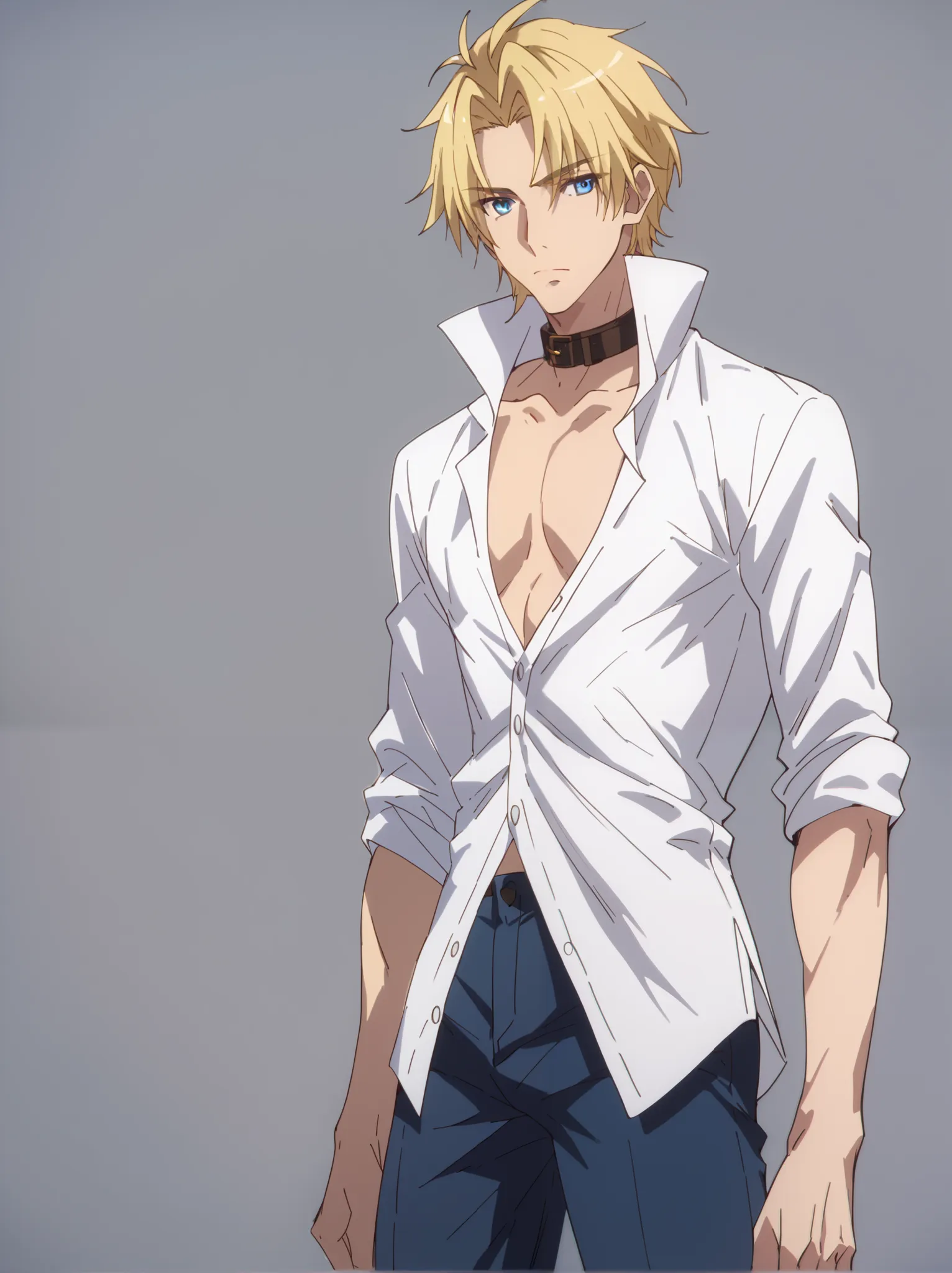 (((Highest Quality))), (Simple background), score_9, score_8_up, score_7_up, score_6_up, score_5_up, 1boy, single, standing, riser phenex, blonde hair, blue eyes, male focus, blue eyes, parted bangs, shirt, white shirt, collar shirt, high collar, pants