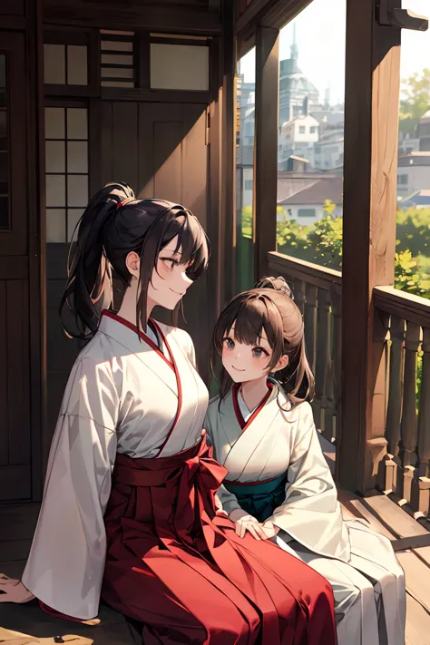  young、Female 1、Female 2、cute（（20 years old、 Gold、outsider、The hairstyle is a ponytail、 kimono、chest is big、 wears a judging hakama、gorgeous））、They sit on the veranda and chat side by side、 photos、masterpiece、Best Quality、high image quality、smile、profile