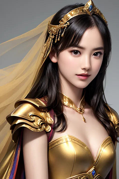 ((Close up of a woman wearing golden armor and a cloak up to the waist:1.2)), 1 person, shortcuts ,20 years old,((( real face))),Small breasts and cleavage,(((exposes cleavage))),Scary face, Highly Detailed Face and Skin Textures,staring at camera,   Chine...