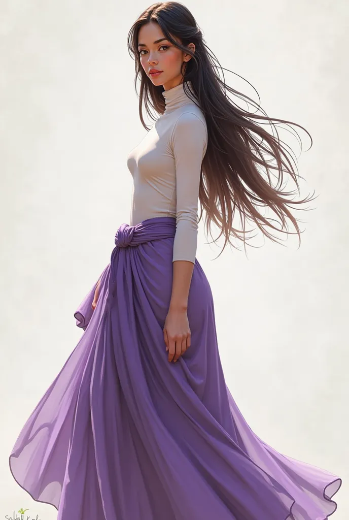 she is dressed in a tight white top and a long purple skirt that reaches almost to her ankles. Her hair extends a little down her shoulders and her face shows off a focused and graceful expression