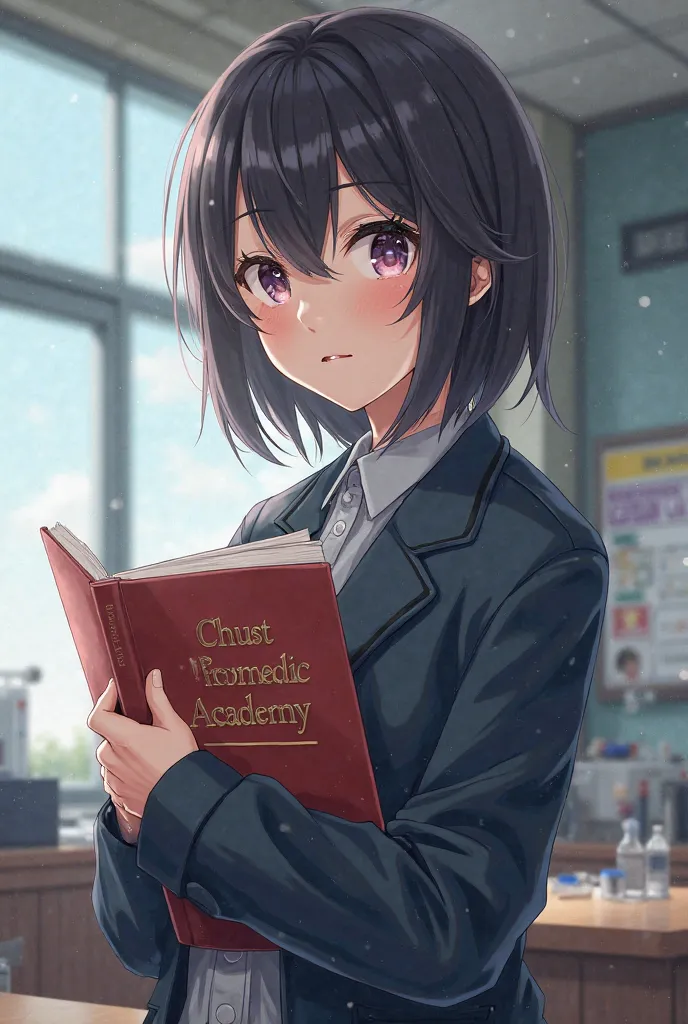 A  holding a book in a biology classroom has Chust Promedic Academy written on it