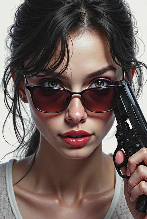 ((best quality)), ((masterpiece)), ( details),Center open, aura, jito-me , Line Claire, Concept art, White background,
revolver gun, Gun muzzle to temple, Thin sunglasses,, Smirking, Crazy smile, One girl, Solo focus, Rounded corners, Blurred corners,