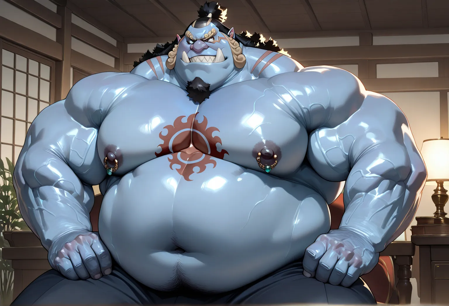 nipples piercing, Huge Muscular Old man, jinbe, chest tattoo, pectoral, thick arms, fat, belly, chubby, huge pectoral, wide pectoral, suits, pants, masterpiece, high detailed, 8k, high resolution, grin