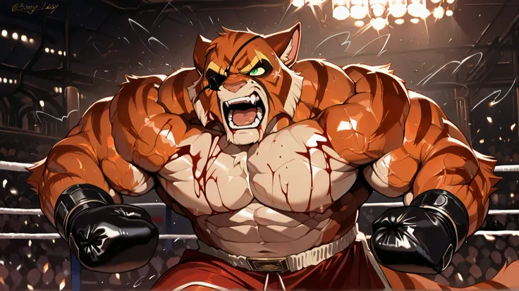 solo, hyper muscular furry (viktor vasco, Viktor[lackadaisy], Viktor Vasko[lackadaisy], black eyepatch, orange fur, orange body, yellow pattern, cream pattern, 1920s styled clothing, stripes, green eyes, large eyebrows, eyebrows, yellow eyebrows.), pectora...