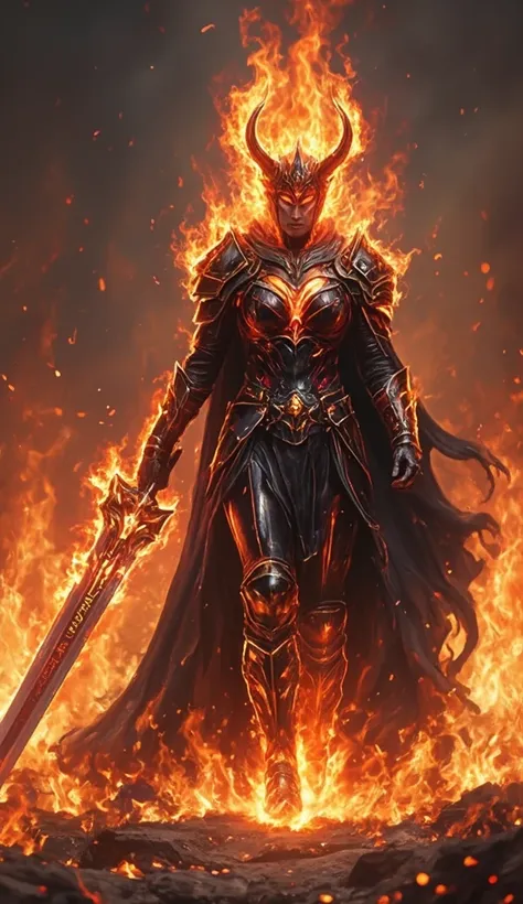 A fiery warrior queen clad in obsidian and crimson-plated armor, edged with molten gold veins that pulse with energy. Her crown-like horns blaze with eternal flame, and her long black cape burns at the edges. She wields a colossal greatsword, its blade wra...