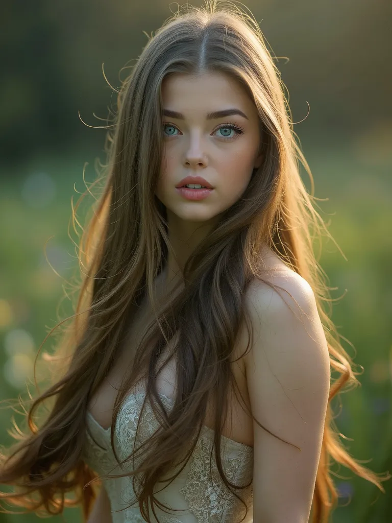 in a meadow, a NUDE goddess blonde , BLURRY AND MESSY HAIRS, accentuated by the soft glow that envelops her. With eyes of sapphire. Her very long chocolate brown ombré hair with blonde highlights and long brown roots strands cascade like silk, each hue a t...