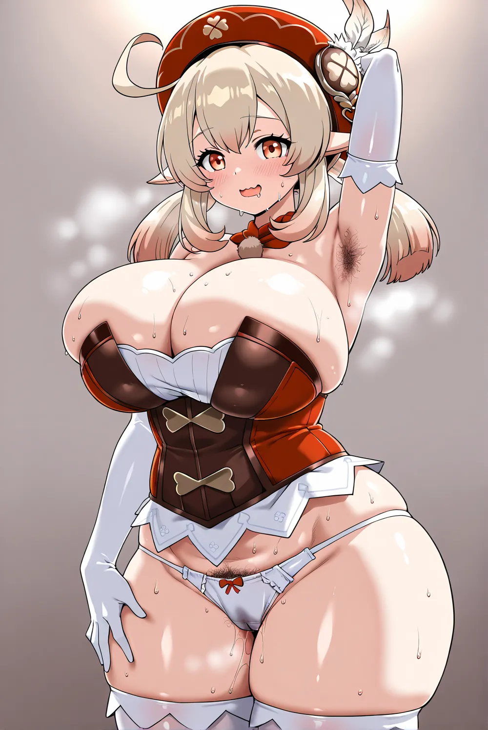 (Klee (genshin_impact)),(in heat,blush,wavy mouth,open mouth,smile,body sweat,),drooling,(gigantic huge busty,glamorous,plump,big hips,breasts together,tight breasts,covered breasts,),((Klee (genshin_impact) Costume)),(panties,corset,solo,elbow gloves,thig...