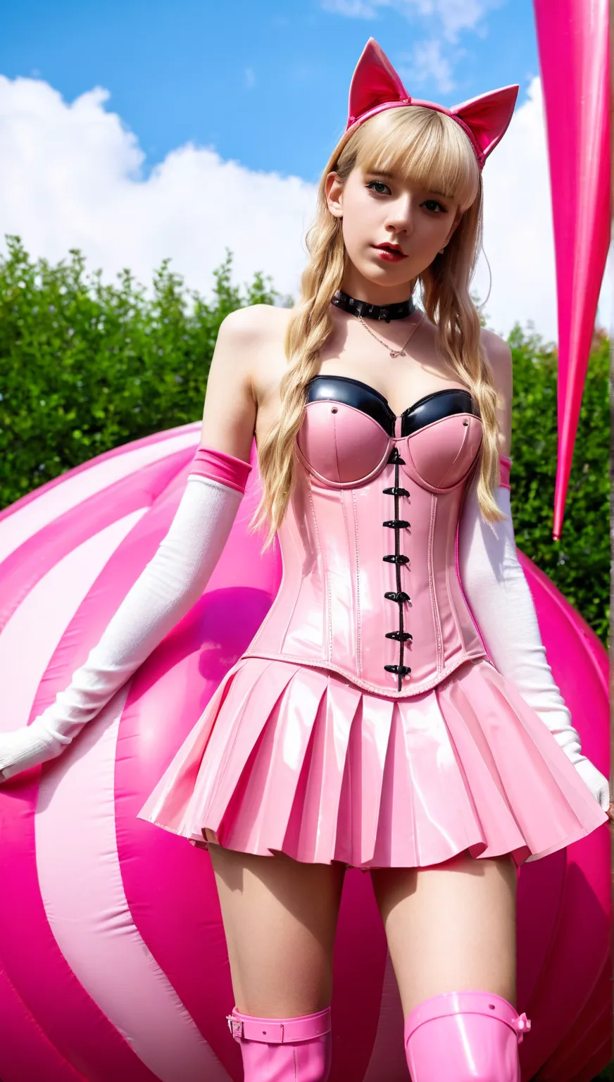  young girl,  slim, blonde hair, Latex Pink Pleated Skirt ,  straight long hair , small breasts,  zopf , cat ears, masterpiece , Anatomically correct , UHD, Super detailed,  Latex pink overknees, latex pink arm warmers long ,  latex pink underbust corset ,...