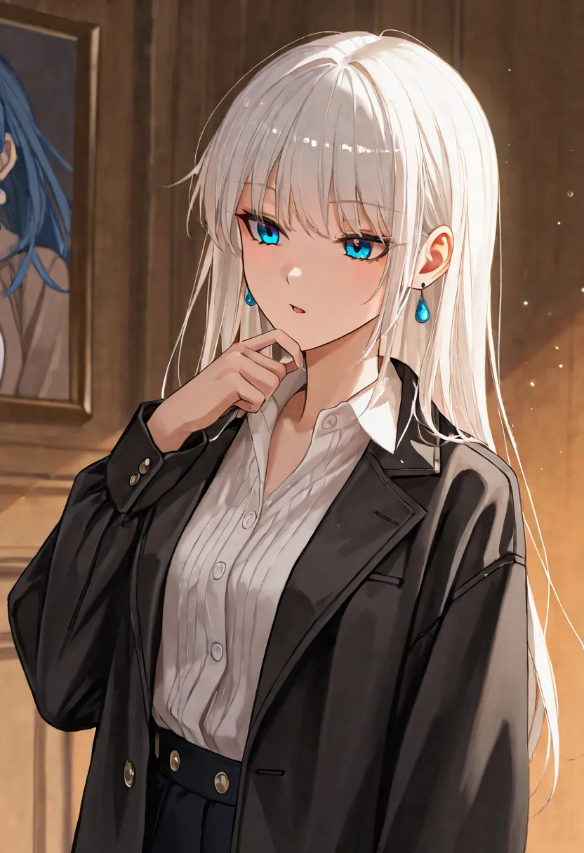 Create a 2D anime-style character with striking long silver hair that falls smoothly around her face, the strands framing her sharp features. Her eyes are blue. She wears a stylish black jacket over a white shirt, with the jacket slightly unbuttoned at the...