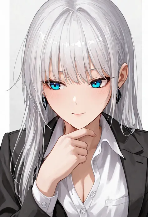 Create a 2D anime-style character with striking long silver hair that falls smoothly around her face, the strands framing her sharp features. Her eyes are blue. She wears a stylish black jacket over a white shirt, with the jacket slightly unbuttoned at the...