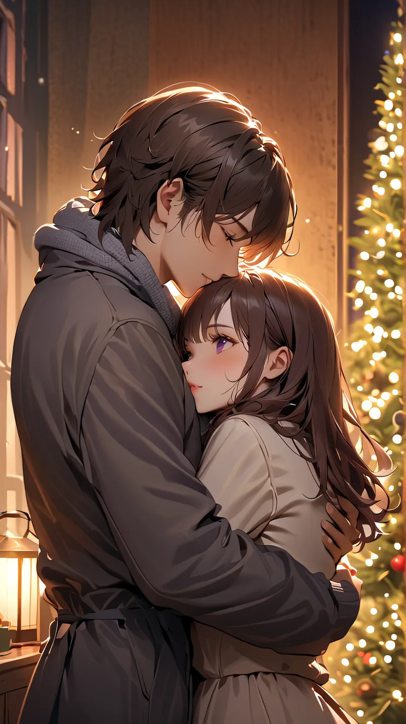 Cute couple. Purple eyes. Girl dark brown long hair and small. Boy short black hair and tall. On a Christmas date. Matching outfits in white and purple. Hug and kiss or hold hands.