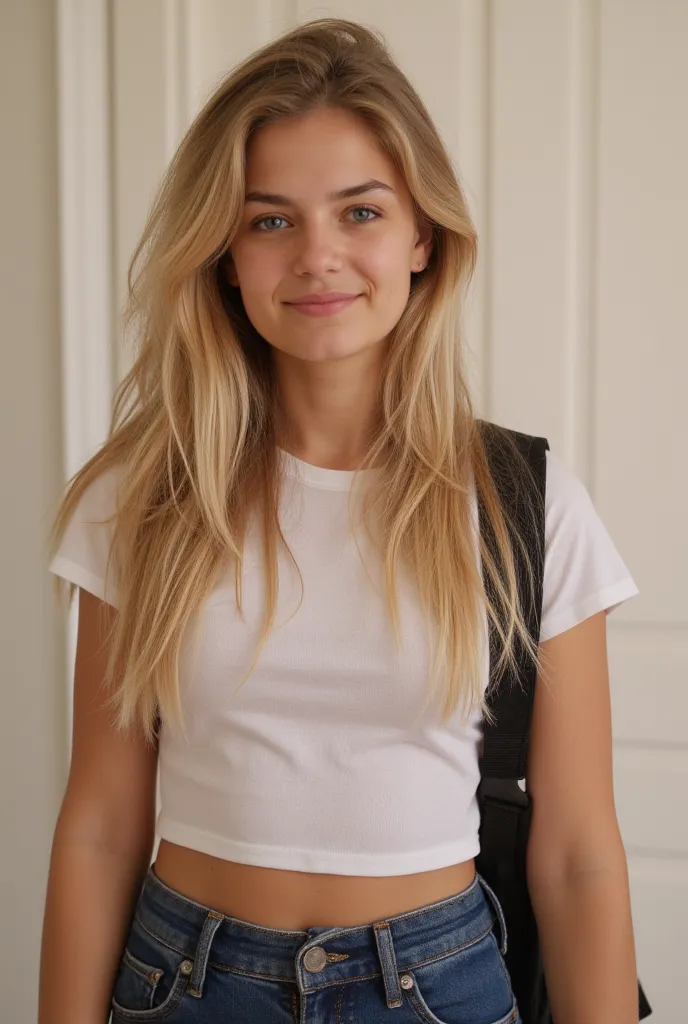 Belle fille parfaite, elle a 18 ans, elle a un sac a dos scolaire. Elle est en crop top. Elle est parfaite, super belle, elle est blonde. Elle a du maquillage, ce qui la rend encore plus belle cheveux lisses