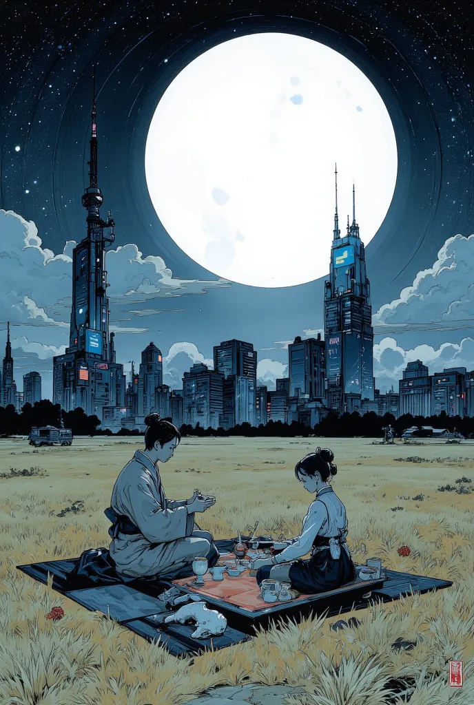 cyberpunk Night of a huge full moon , 1 tatami mat is placed on the prairie , 2 tea people hold a tea  , A huge full moon that shines white , surreal コラージュ, a contemporary artistic コラージュ, collage art work, new album jacket, Great Job !, digital collage ,co...