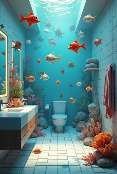 Marine animals hanging from the ceiling of a bathroom with artificial lighting