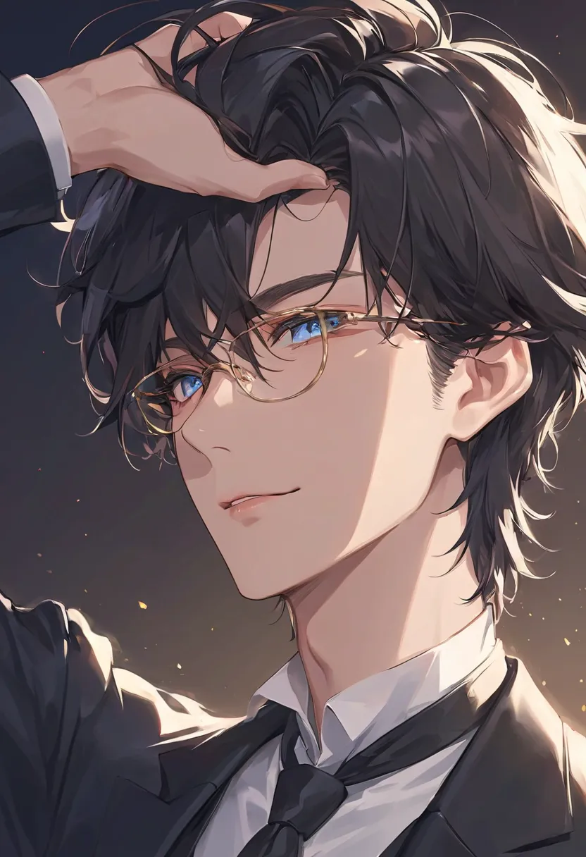 A sophisticated male butler with black hair and blue eyes. He wears a neatly tailored black suit, complemented by gold-rimmed glasses that enhance his intelligent aura. His silky hair catches the light, revealing delicate highlights and a lifelike texture,...