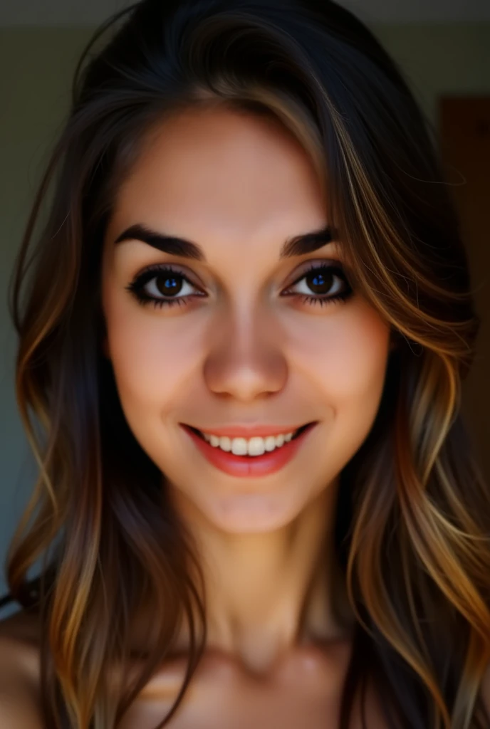 Realistic portrait of a Latin woman of natural beauty, round face with subtle cheekbones, deep emerald green eyes, delicate and well-defined nose, soft and proportionate lips without exaggeration, dark brown hair with golden reflections with loose waves fa...